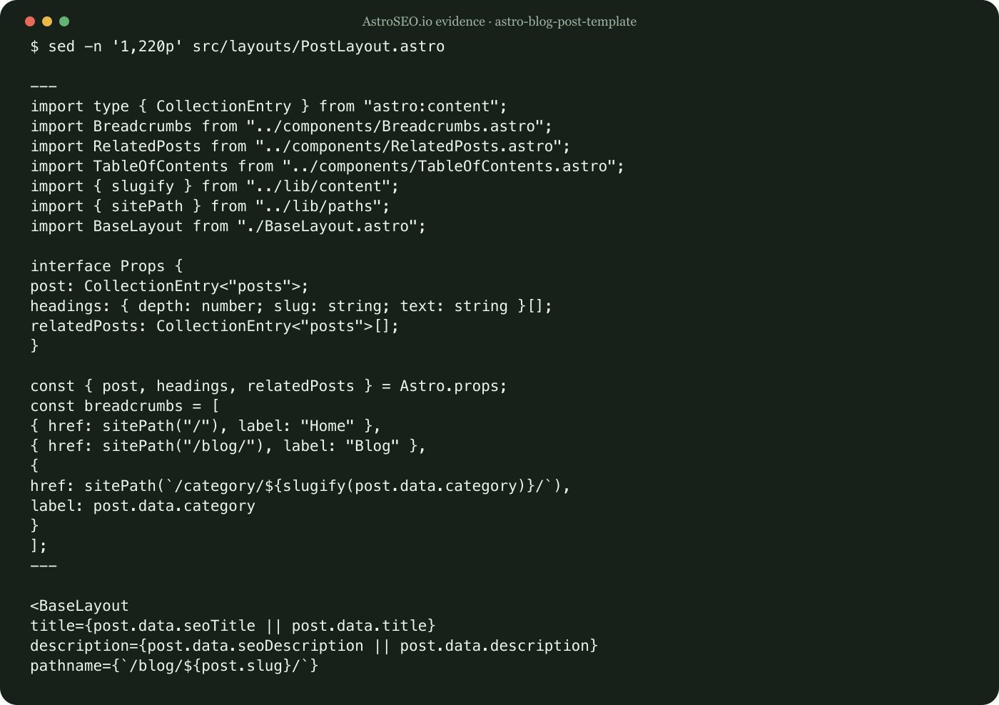 Recorded command and result for Use an Astro Blog Post Template Without Producing Template Content