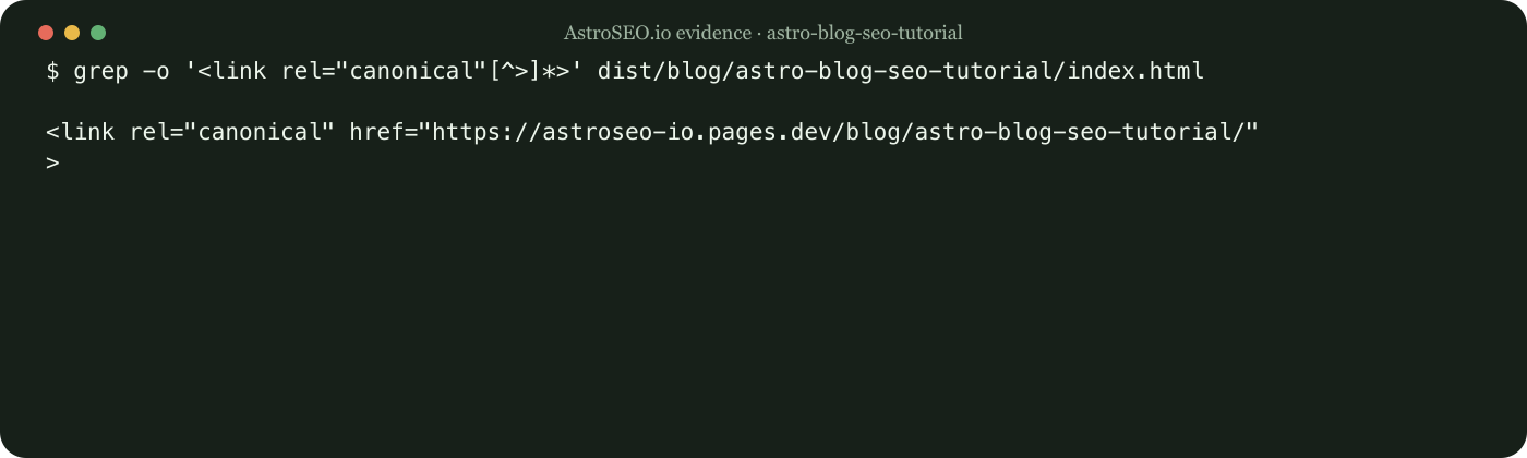 Recorded command and result for Build an Astro Blog with Verifiable Technical SEO