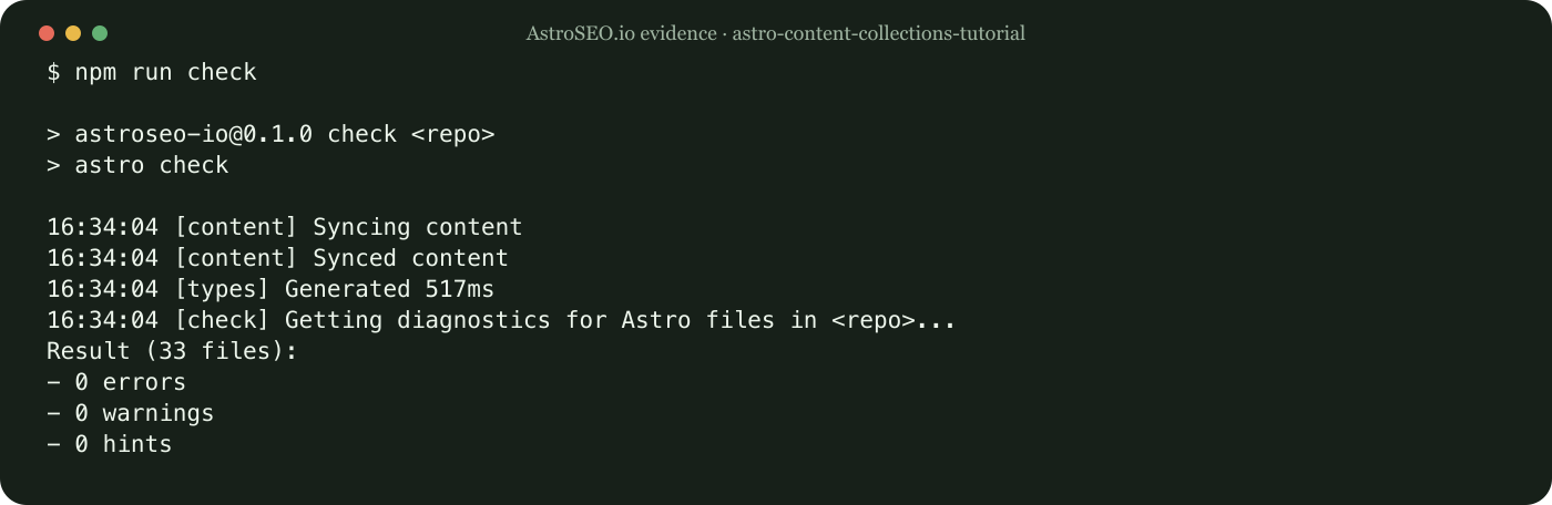 Recorded command and result for Validate Astro Content with Collections Before It Reaches Production