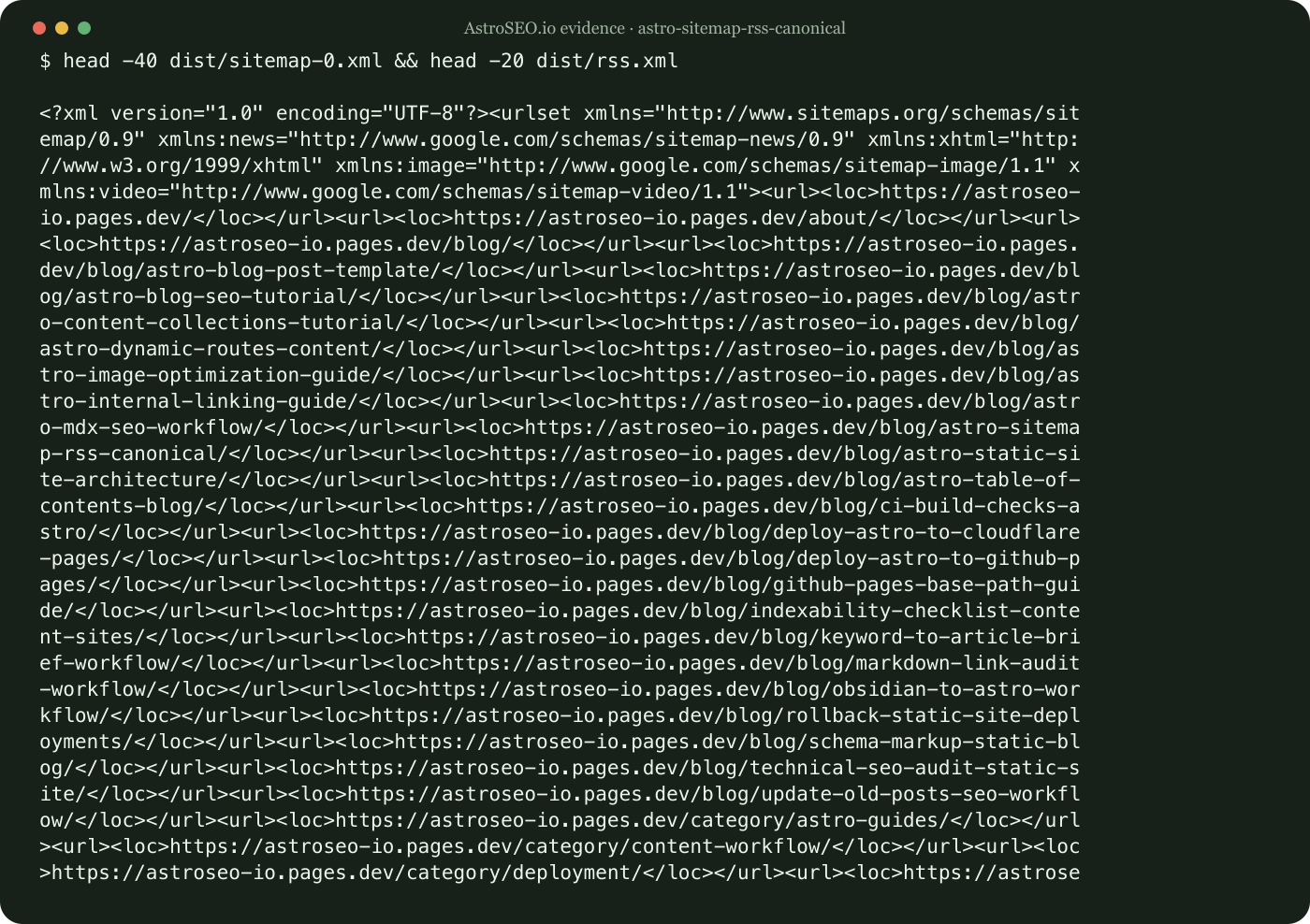 Recorded command and result for Verify Astro Sitemap, RSS, and Canonical URLs Together