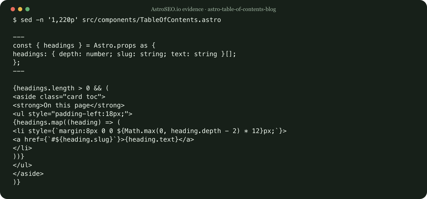 Recorded command and result for Build an Accessible Table of Contents from Astro Headings