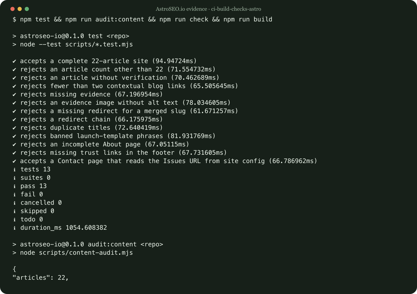 Recorded command and result for Make Astro Content Quality a CI Build Gate