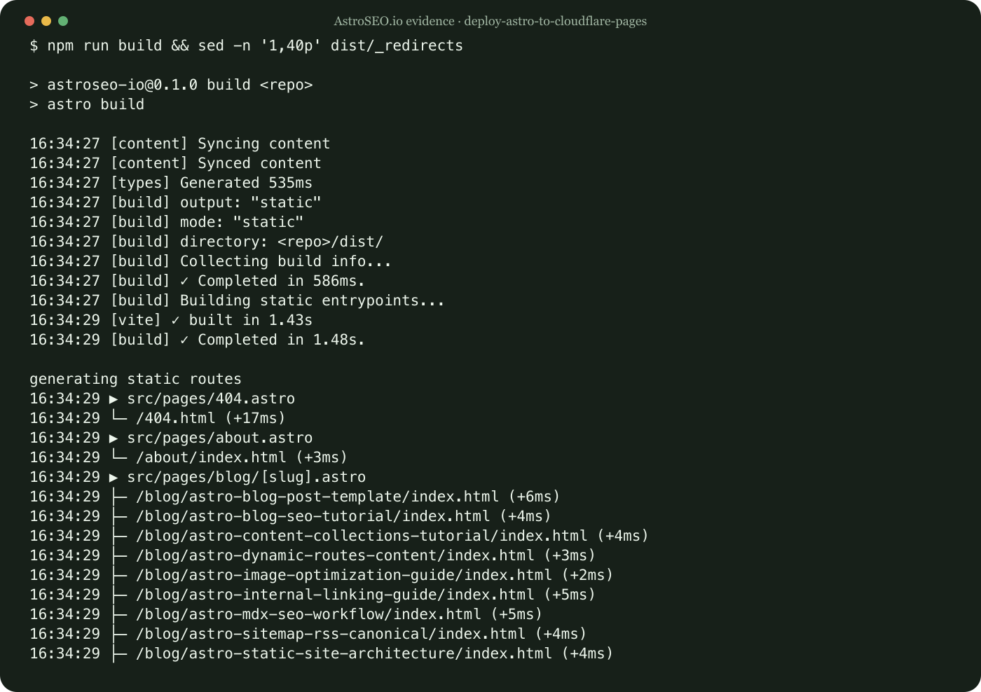 Recorded command and result for Deploy and Verify an Astro Site on Cloudflare Pages