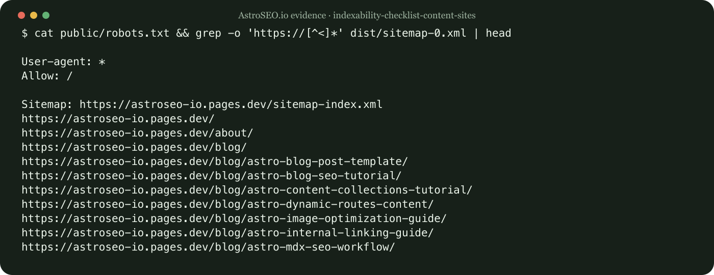 Recorded command and result for Diagnose Why a Static Content Page Is Not Indexed