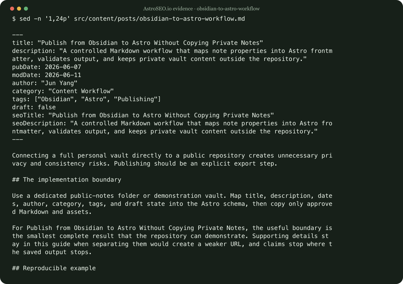 Recorded command and result for Publish from Obsidian to Astro Without Copying Private Notes